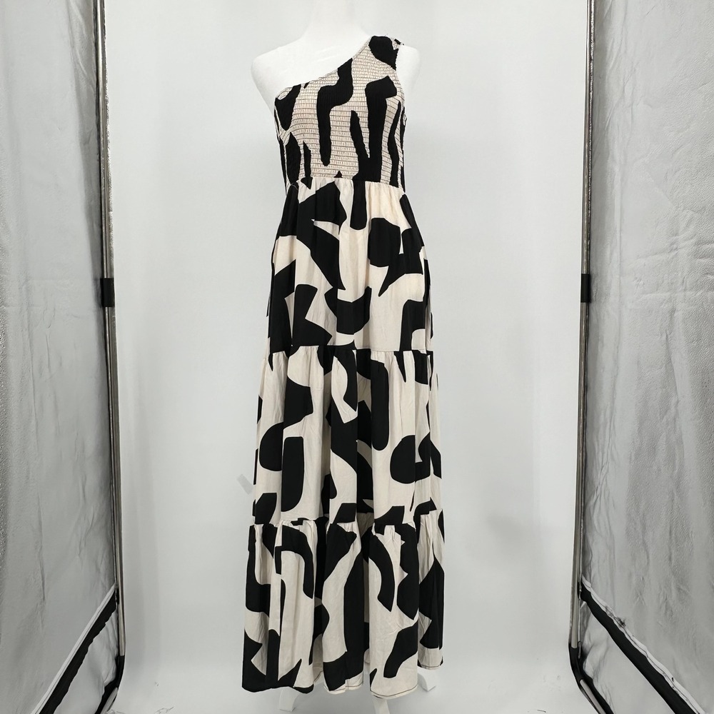 Abel the Label Womens Black Cream One Shoulder Smocked Tiered Maxi Dress